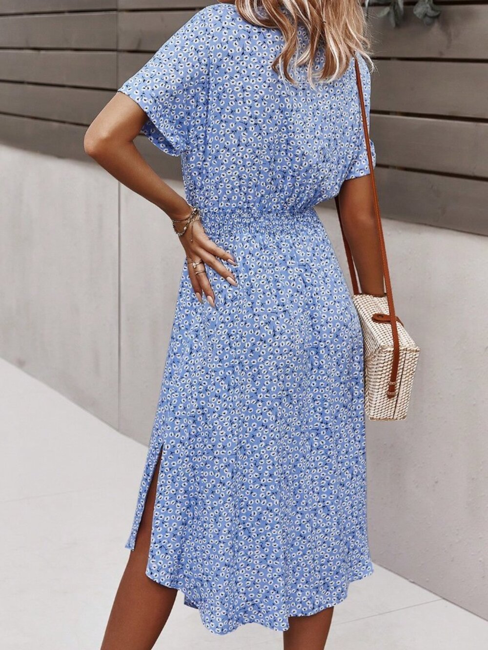 Baby Blue Casual Women's Ditsy Floral Print Batwing Sleeve Belted Shirt Dress - Picture 2 of 8